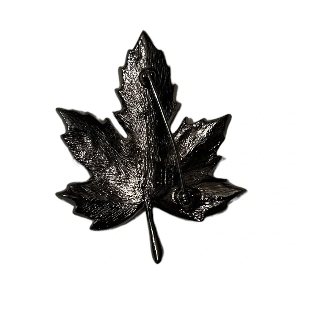 Three Tone Crystal Gunmetal Maple Leaf Brooch